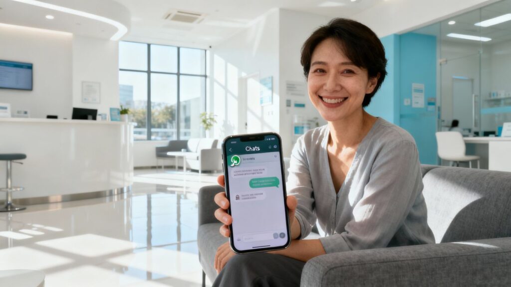 Clinic appointment booking via WhatsApp on a smartphone.