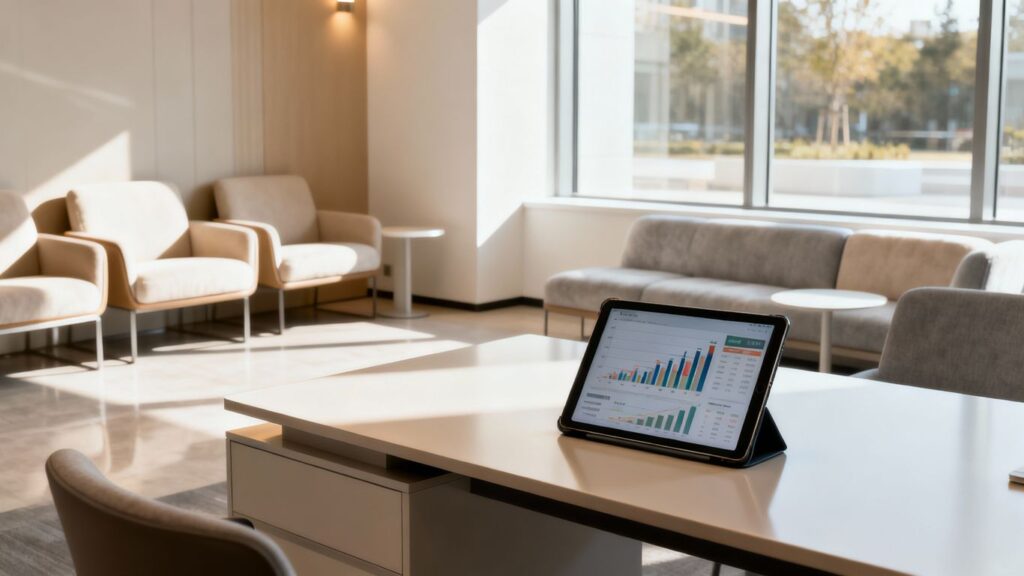 Aesthetic clinic interior with financial planning elements.