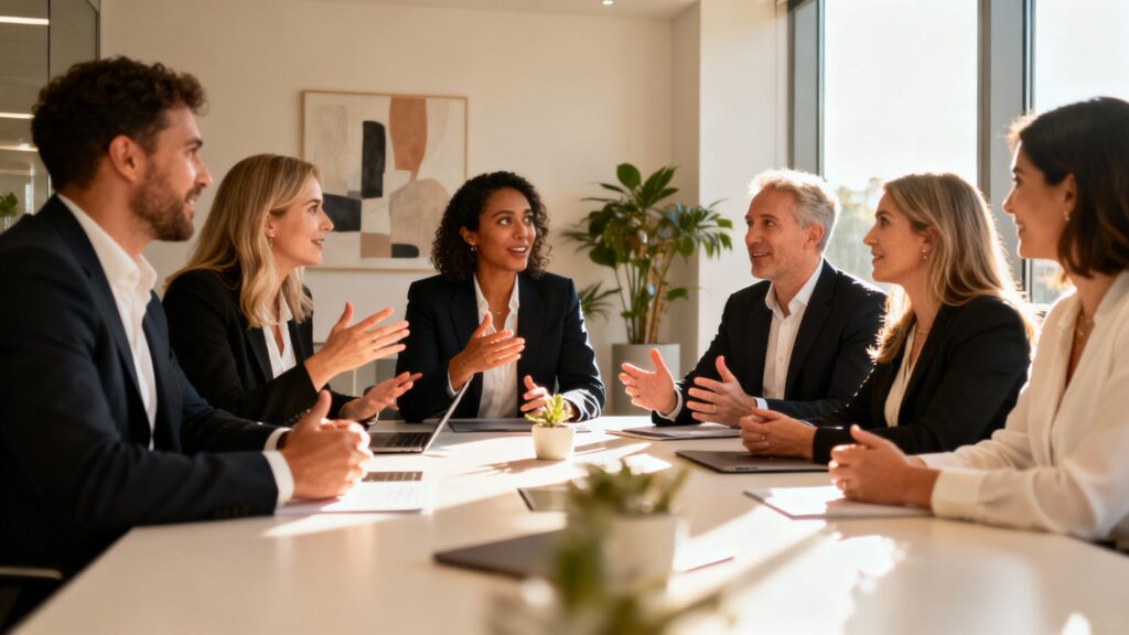 UK aesthetic clinic owners in a business meeting discussing branding strategies.