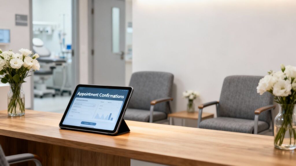 Clinic reception with automated patient communication tablet.