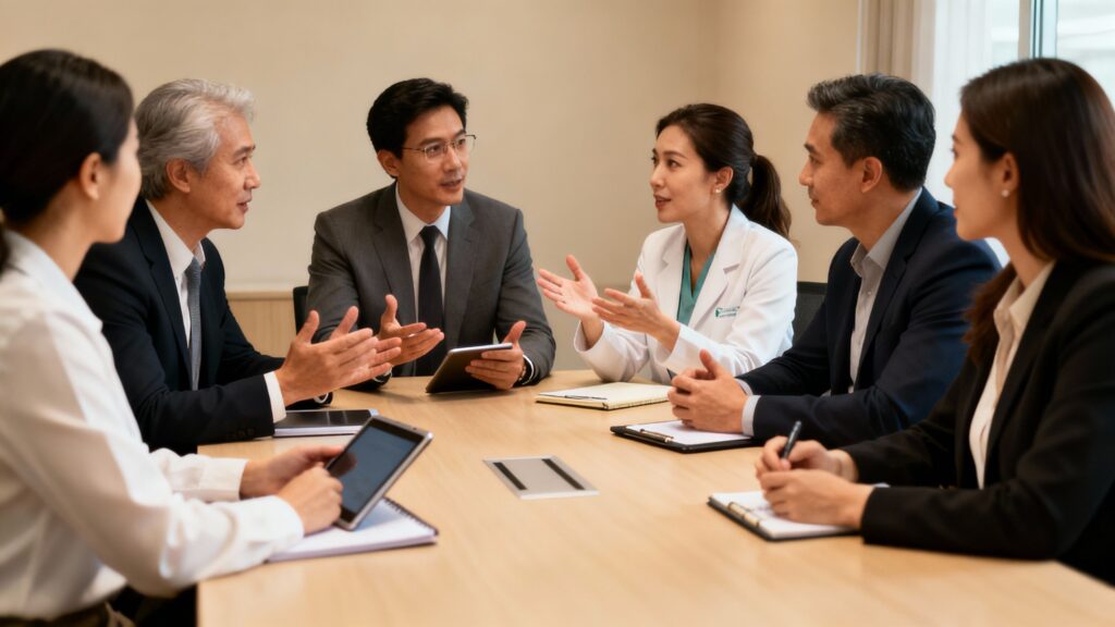 Clinic owners in a meeting discussing marketing strategies.
