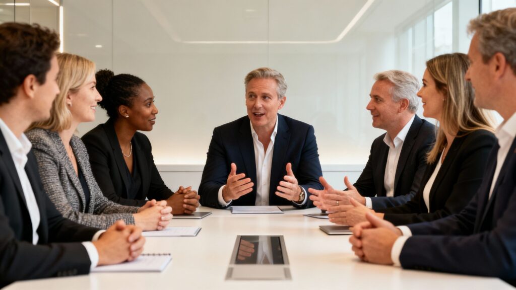 UK medspa owners in a business meeting discussing AI marketing.