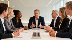 UK medspa owners in a business meeting discussing AI marketing.