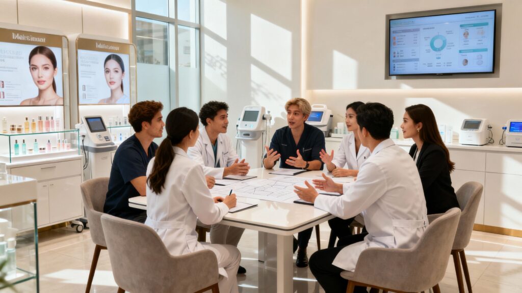Aesthetics clinic team meeting discussing business strategy.