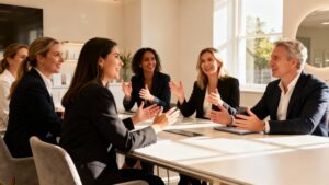 Aesthetic clinic owners in a UK meeting discussing marketing strategies.