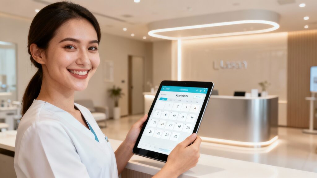 Clinic receptionist using a tablet for automated schedule management.