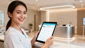 Clinic receptionist using a tablet for automated schedule management.