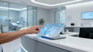 Clinic staff using digital interface for administrative tasks.