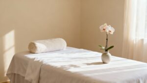 Serene spa room with massage table and orchid.
