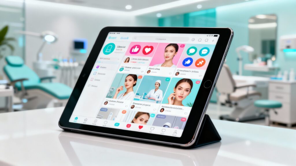 Social media feed on a tablet for an aesthetic clinic.