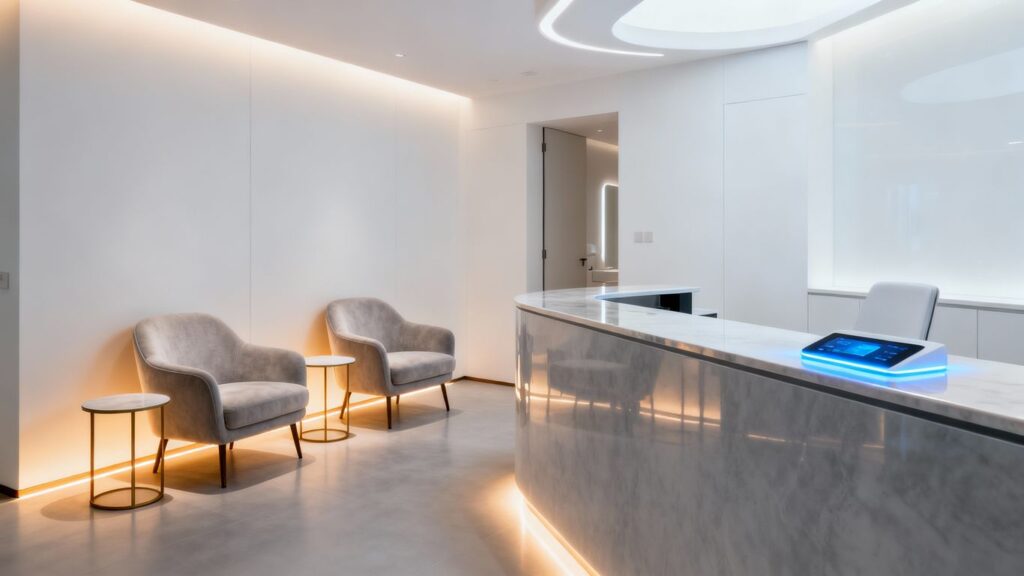 Medspa interior with digital interface and comfortable seating.