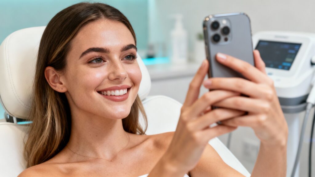 Patient taking a selfie after an aesthetic treatment in a UK clinic.