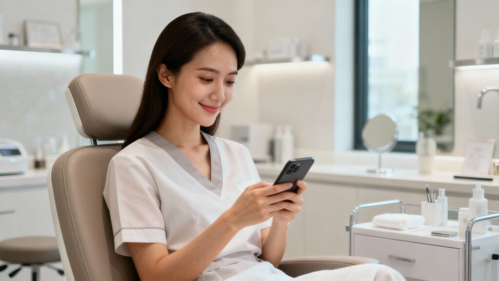 Aesthetics clinic customer using a phone.