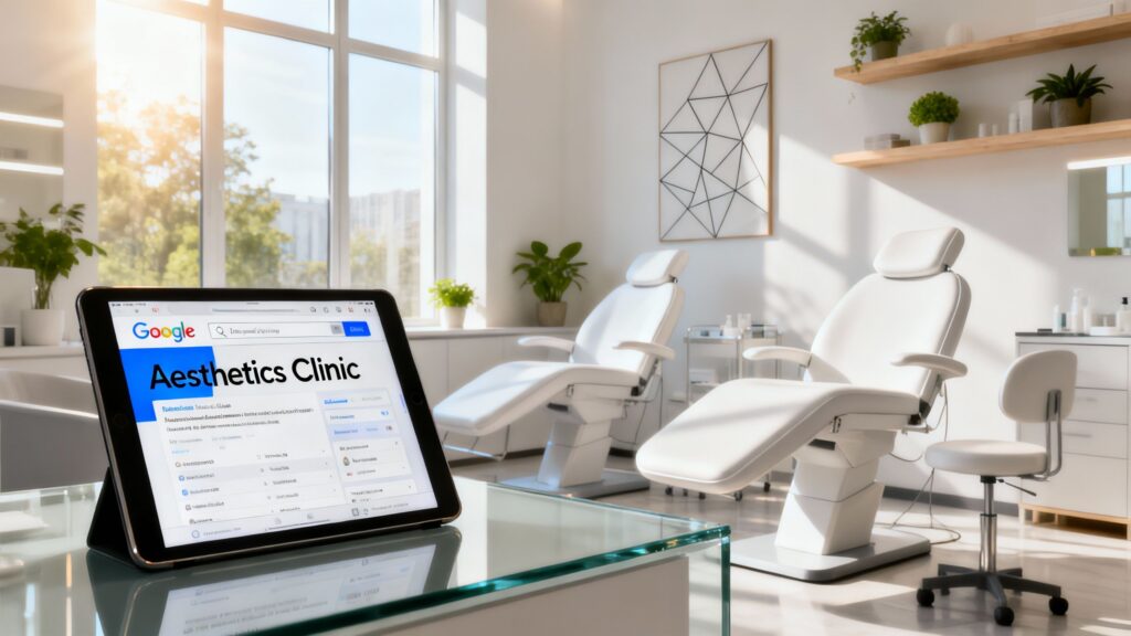 Aesthetics clinic interior with Google search results on a tablet.