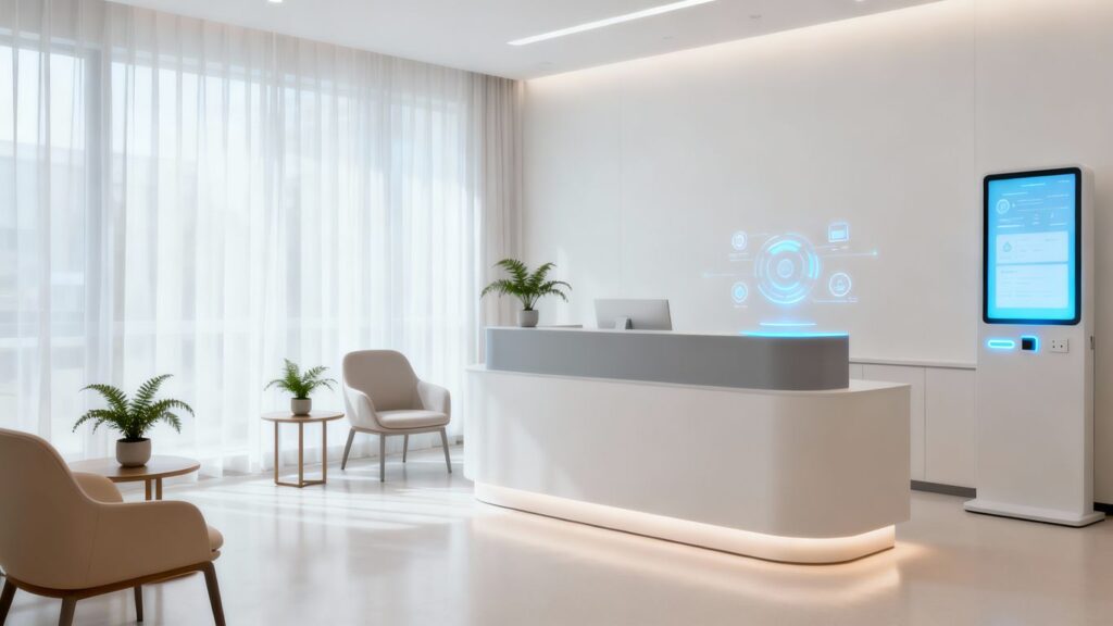 Modern clinic interior with glowing software interface.