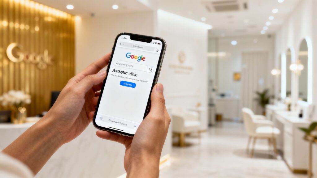 Aesthetics clinic customer using Google on a smartphone.