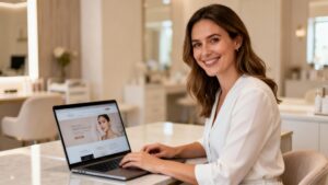 Beauty clinic owner optimising website on laptop.