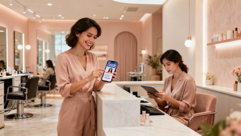 Beauty salon clients viewing Facebook ads on devices at reception.