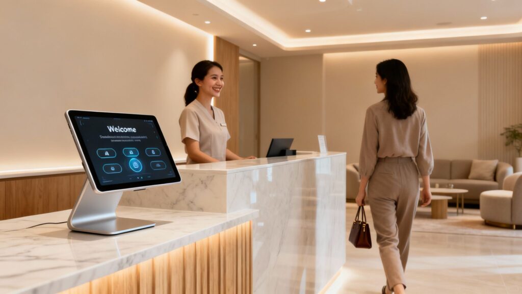 Medspa front desk with a client and AI interface on tablet.