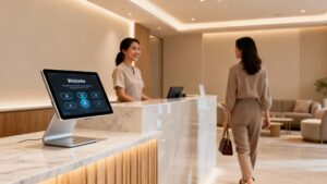 Medspa front desk with a client and AI interface on tablet.