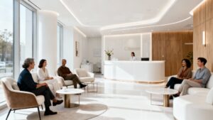 Modern aesthetic clinic reception with comfortable seating and natural light.