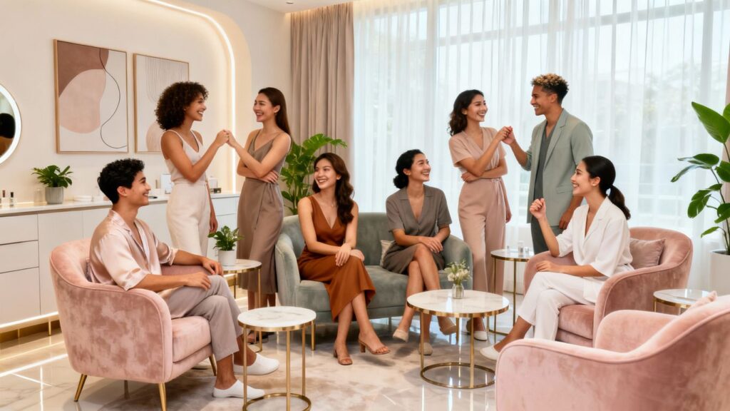 Smiling people in a modern aesthetic clinic.