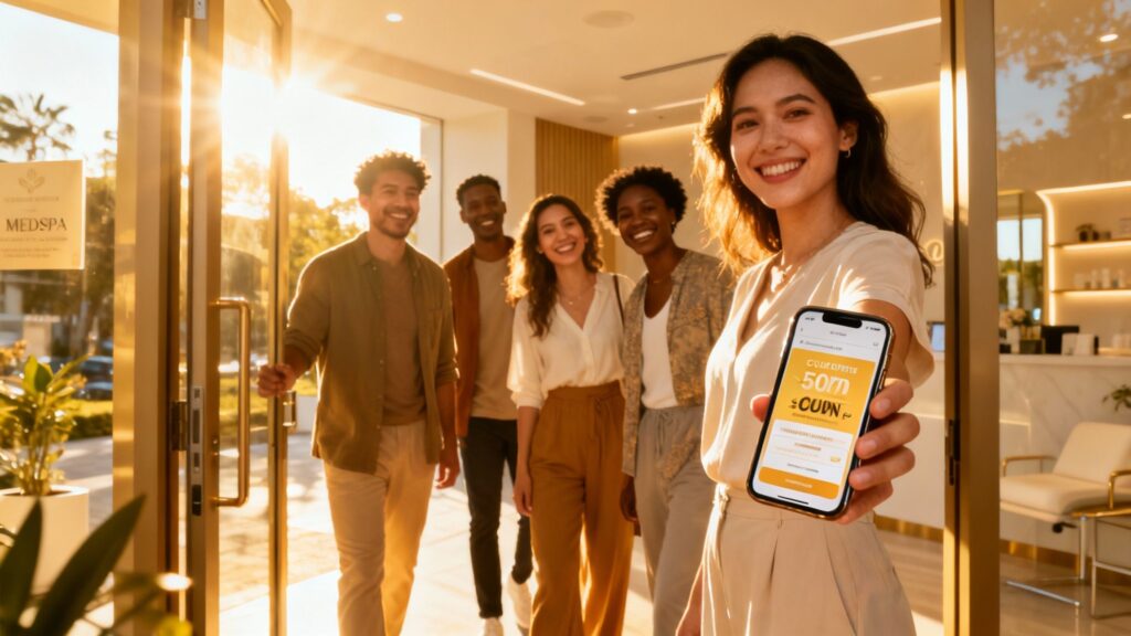 Clients entering a bright, modern medspa clinic.