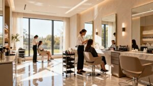 Modern beauty salon with happy clients and stylists.