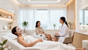Happy patients in a modern aesthetic clinic receiving treatments.