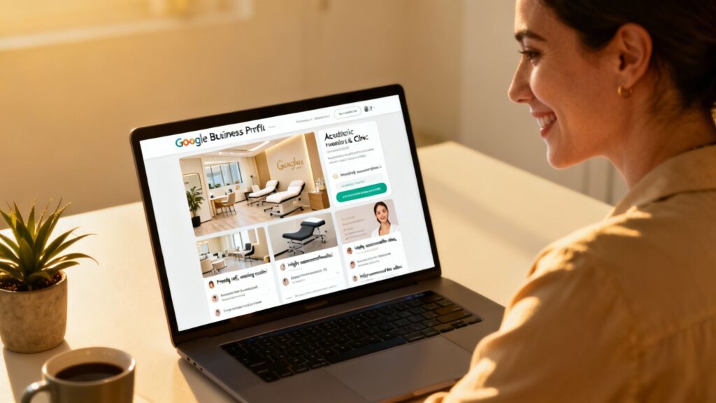 Clinic owner reviewing Google Business Profile on a laptop.