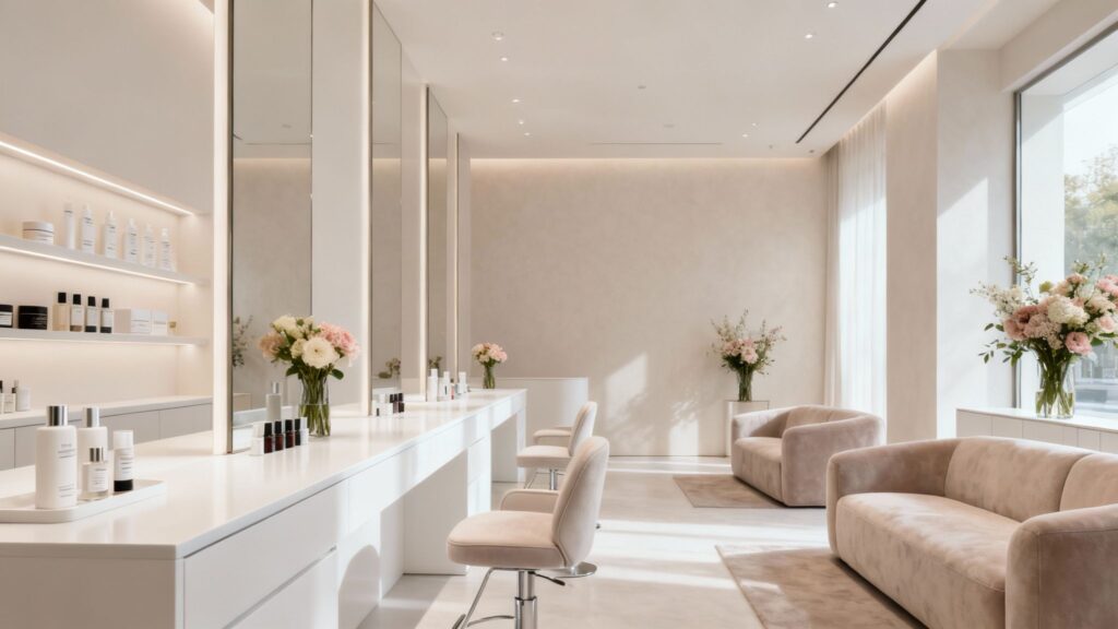 Modern beauty salon interior with product displays and client interaction.
