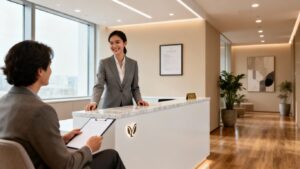 AI receptionist in a UK aesthetic clinic reception.