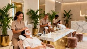 Happy clients enjoying medspa treatments in a luxurious setting.