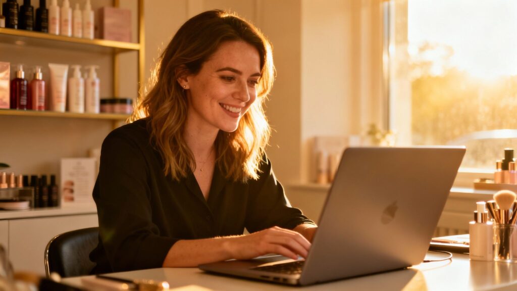 Beauty salon owner working on a laptop at her desk.