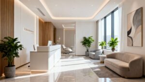 Modern aesthetic clinic interior with reception desk and natural light.