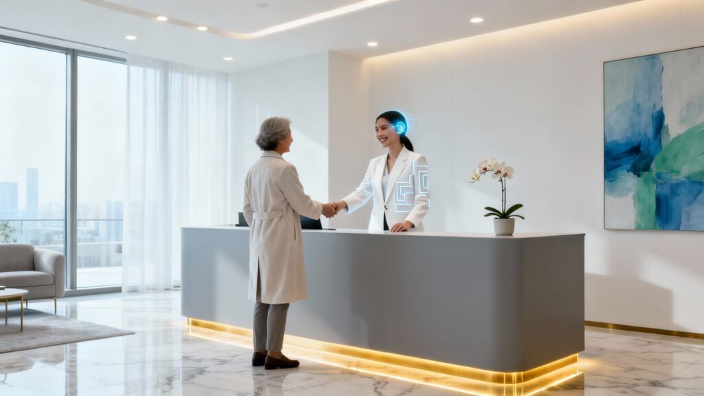 AI receptionist smiling at a patient in a clinic.