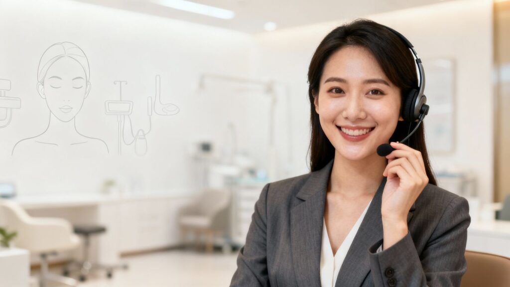 Virtual receptionist in a clinic setting with a headset.