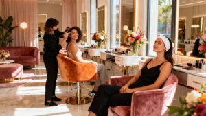 Salon interior with happy clients receiving beauty treatments.