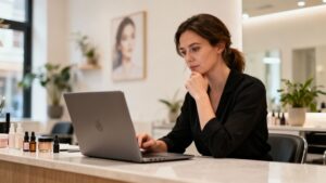 Beauty salon owner planning on a laptop.