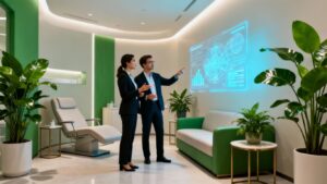 Medspa professionals discussing growth strategies with AI.