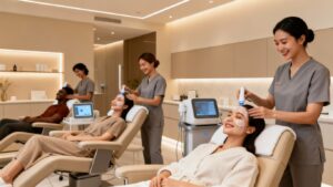 Modern medspa with patients receiving treatments.
