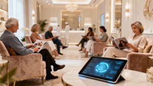 Clients relaxing in a modern medspa waiting area.