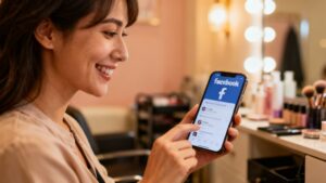 Salon owner using a smartphone to manage Facebook ads.