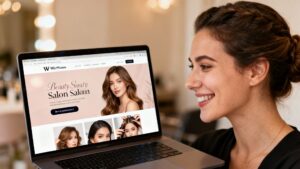 Beauty salon owner viewing a WordPress website on a laptop.