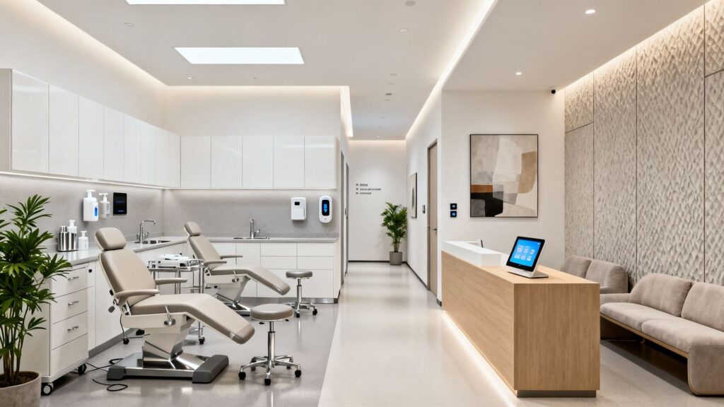 Modern aesthetic clinic interior with treatment rooms and reception.