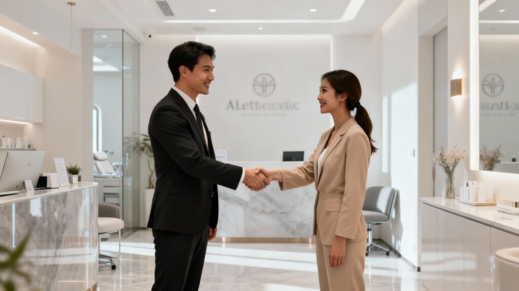Business handshake in a modern aesthetics clinic setting.