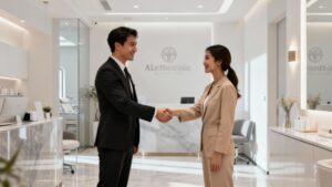 Business handshake in a modern aesthetics clinic setting.
