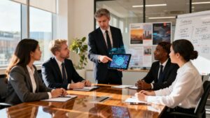 UK professionals in a meeting discussing AI marketing for medspas.