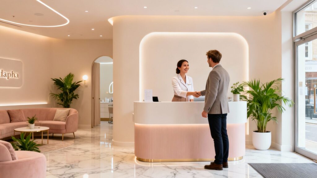 Medspa reception with UK patient and friendly staff.
