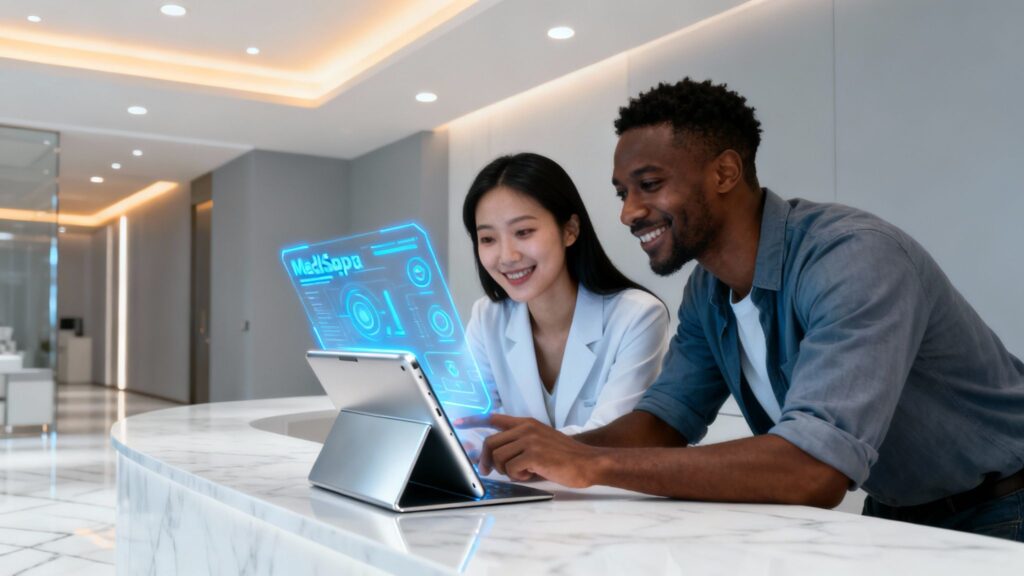 Medspa reception with AI interface and happy patients.